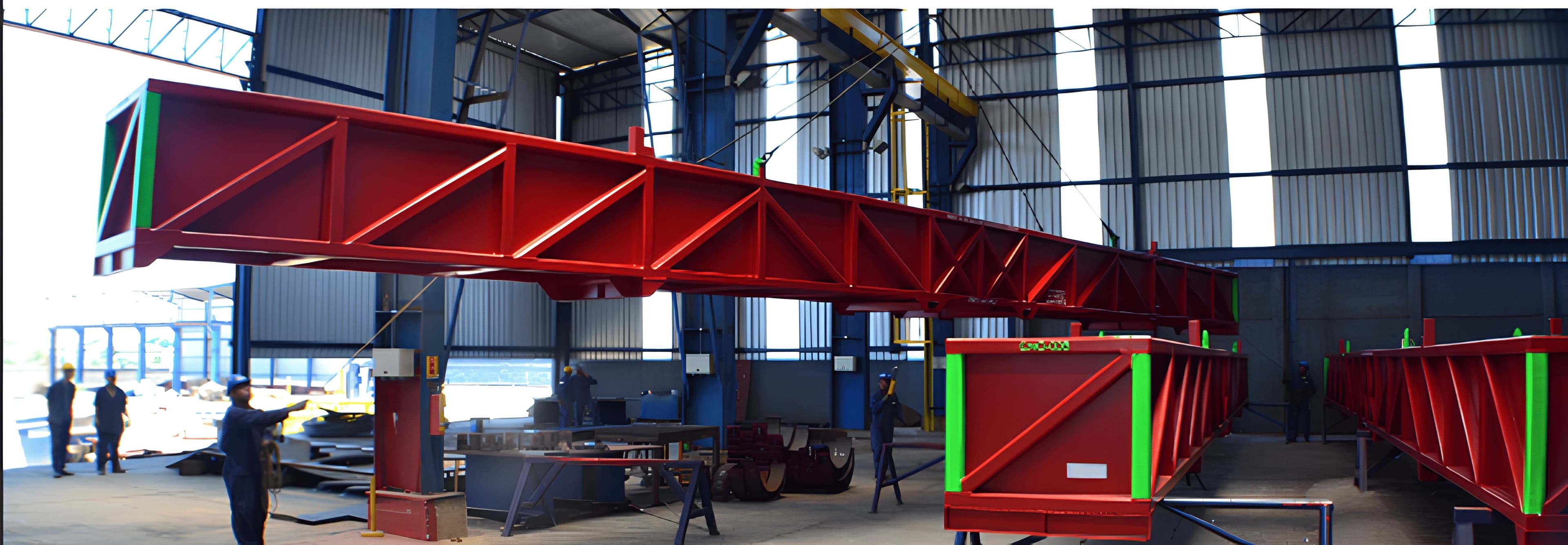 Estrutura metálica vermelha sendo içada por ponte rolante dentro de galpão industrial.