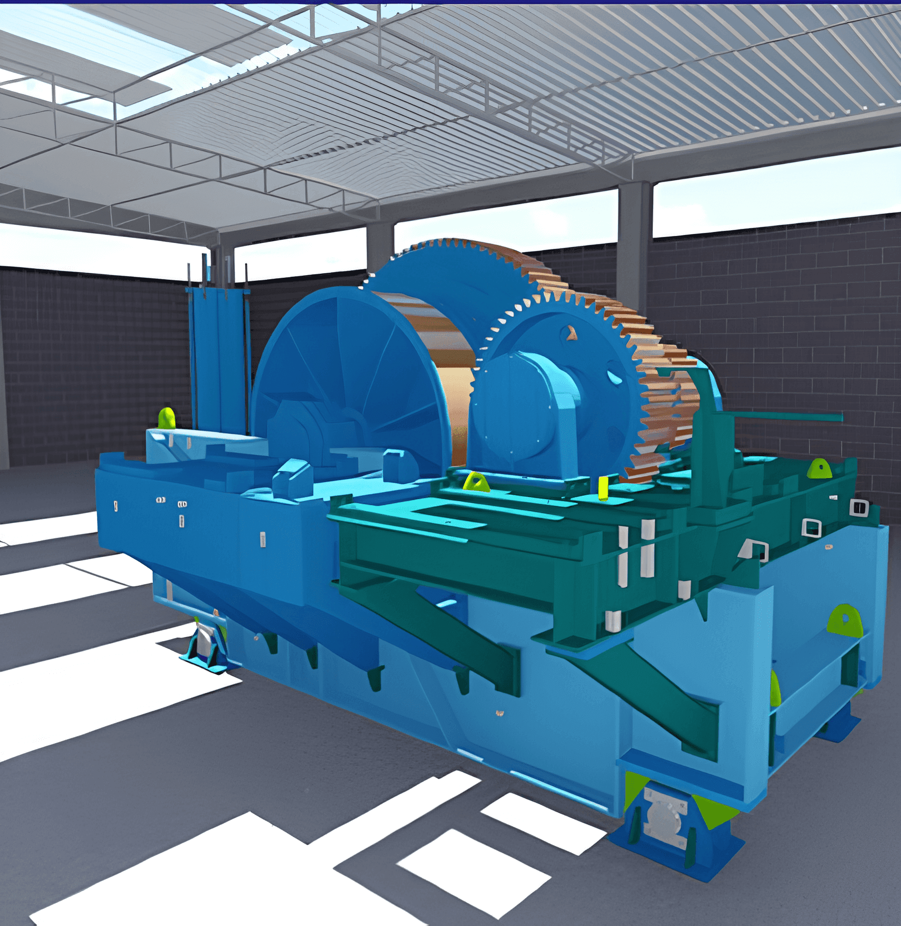 Modelo 3D de uma máquina de soldar metais com detalhes de engrenagens grandes dentro de uma fábrica.