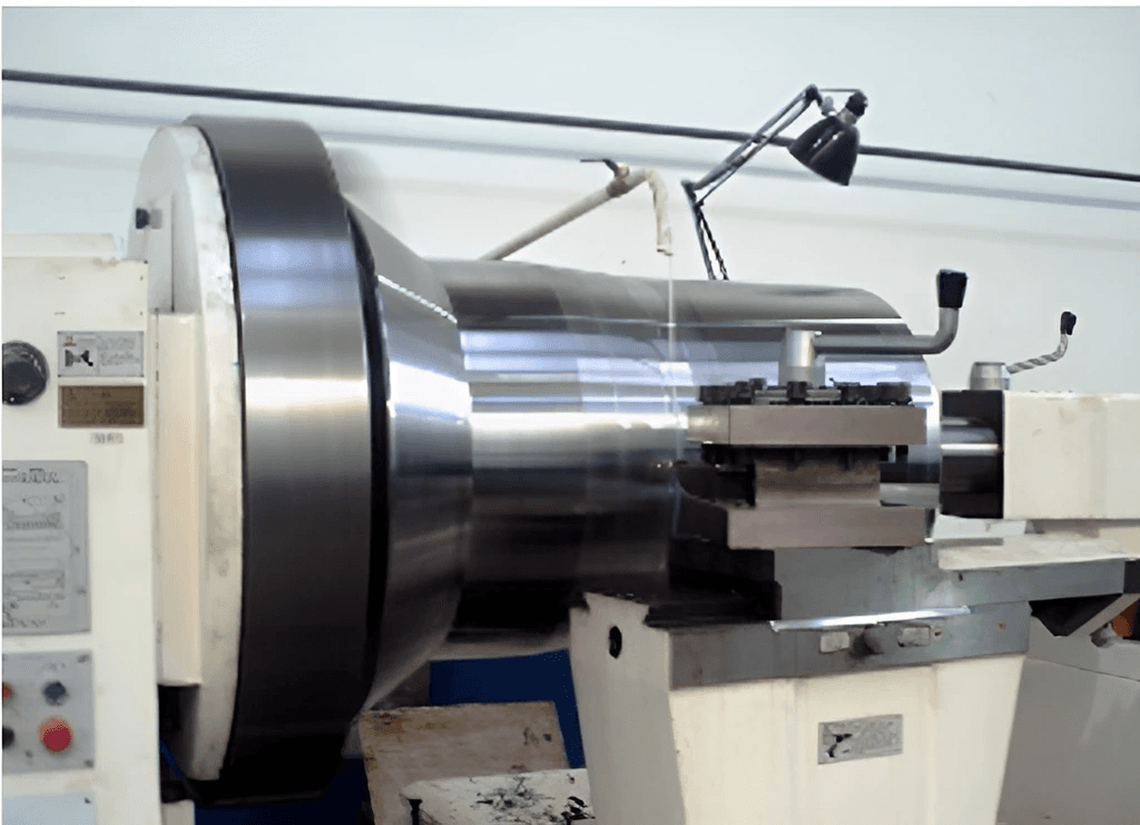 Torno mecânico realizando usinagem de peça metálica de grande porte com acabamento de precisão.